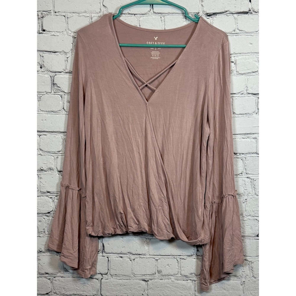 American Eagle‎ Outfitters Criss Cross Top Bell Sleeve Blouse Pink M